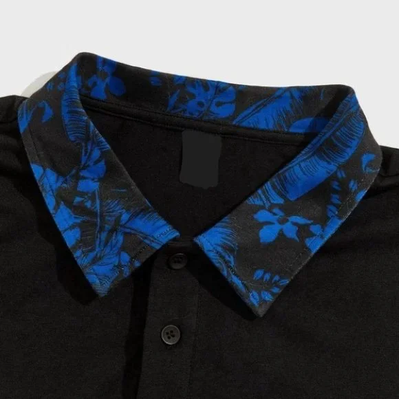 Black Casual Men's Tropical Print Polo Shirt - Picture 3 of 4